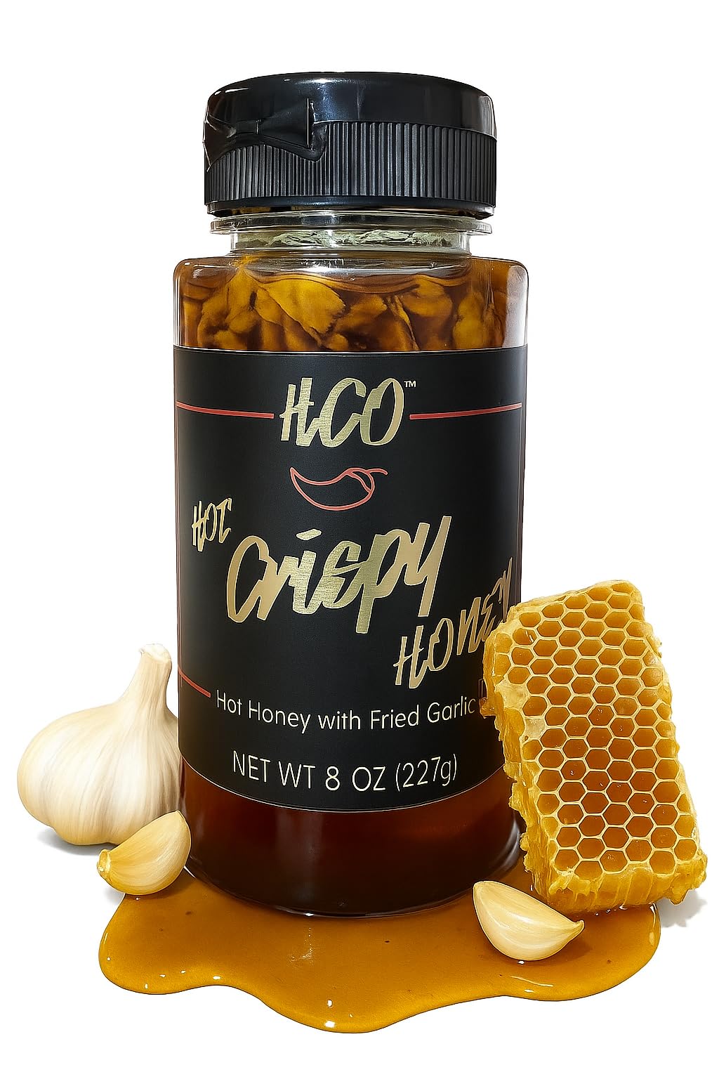 Hot Crispy Oil HCO honey bottle for pizza glaze and toppings