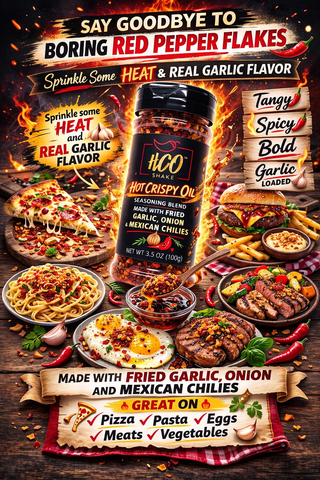 Hot Crispy Oil HCO Shake dry rub finish for meats and vegetables.