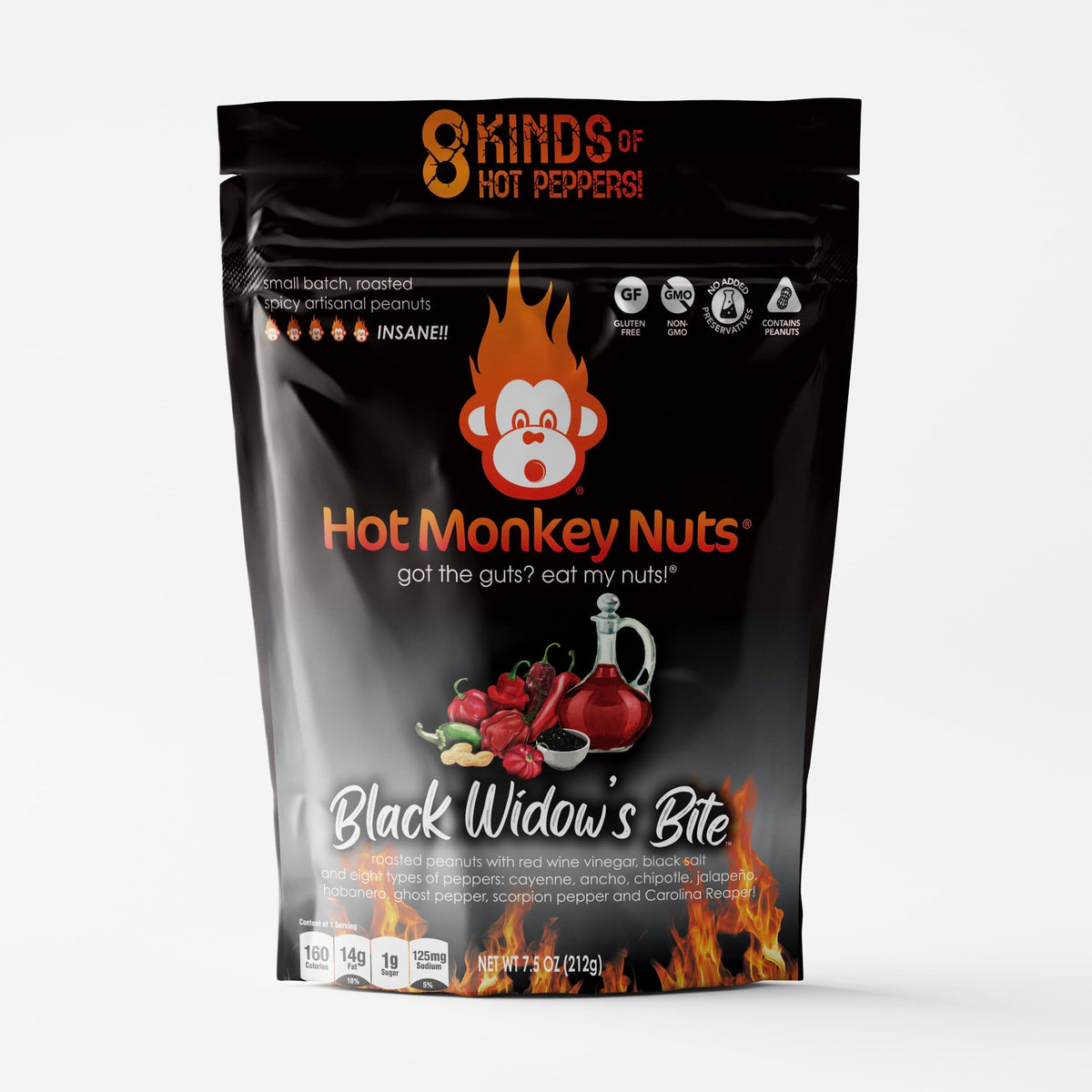 Hot Monkey Nuts Black Widow's Bite bottle showing premium spicy peanuts for bold snacking
