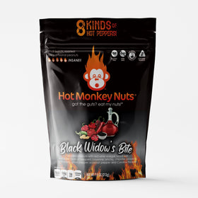 Hot Monkey Nuts Black Widow's Bite bottle showing premium spicy peanuts for bold snacking