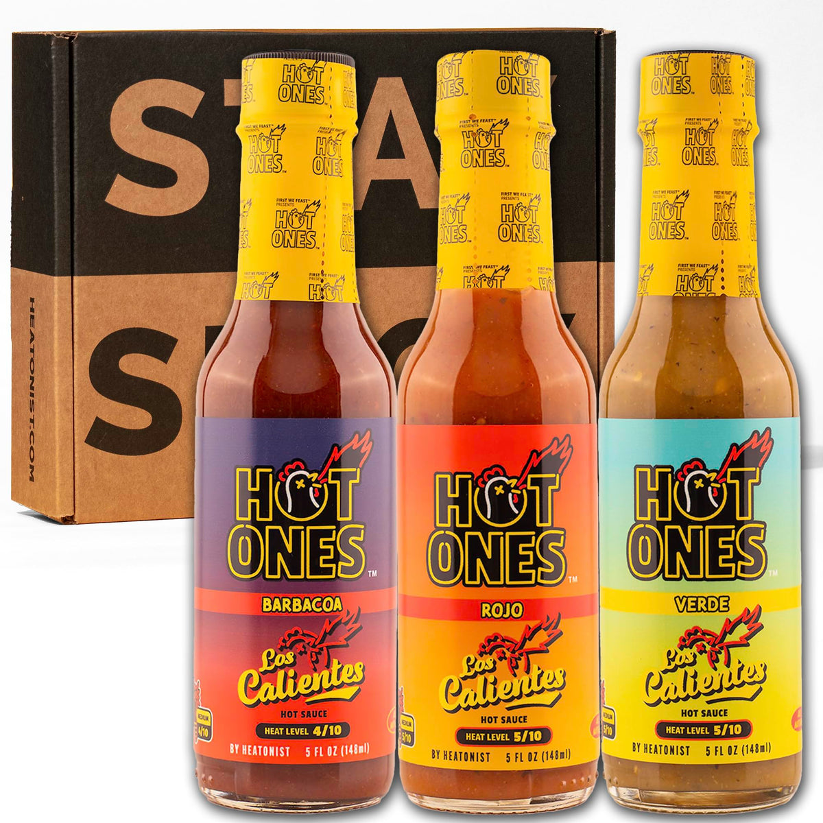 Hot Ones Caliente Trio Original bottle pour—bold flavor depth for grills and sauces.