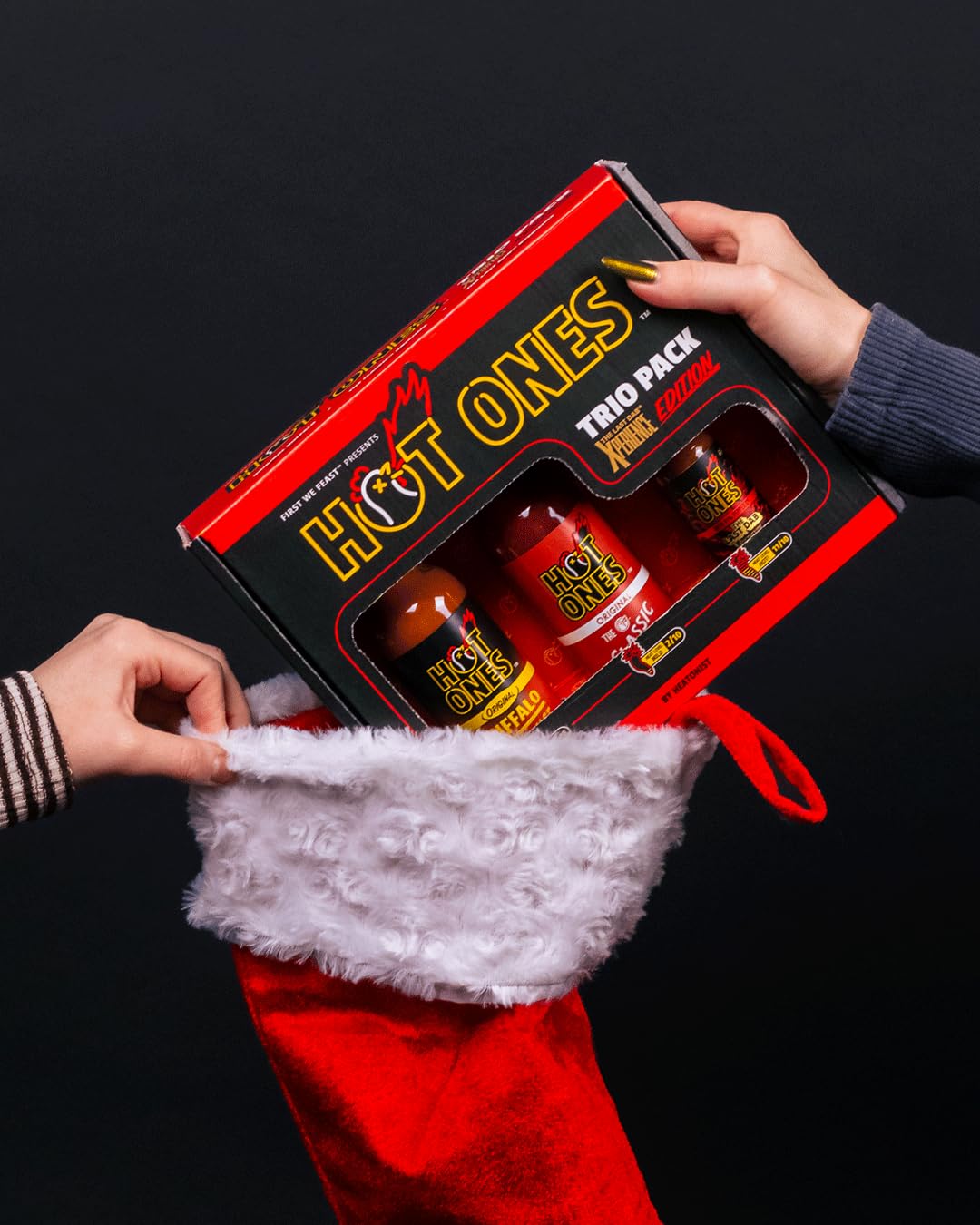Hot Ones gift box trio displays three sauces in a ready-to-share set