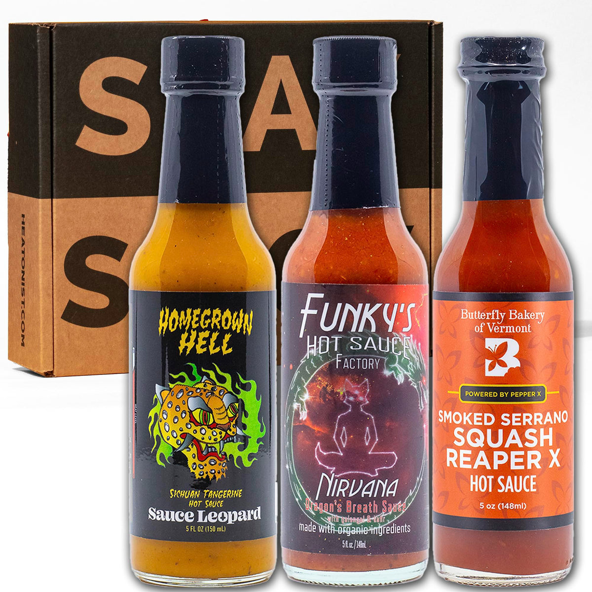 Hot Ones Season 29 three-bottle set hero image showing bold flavors for at home tasting
