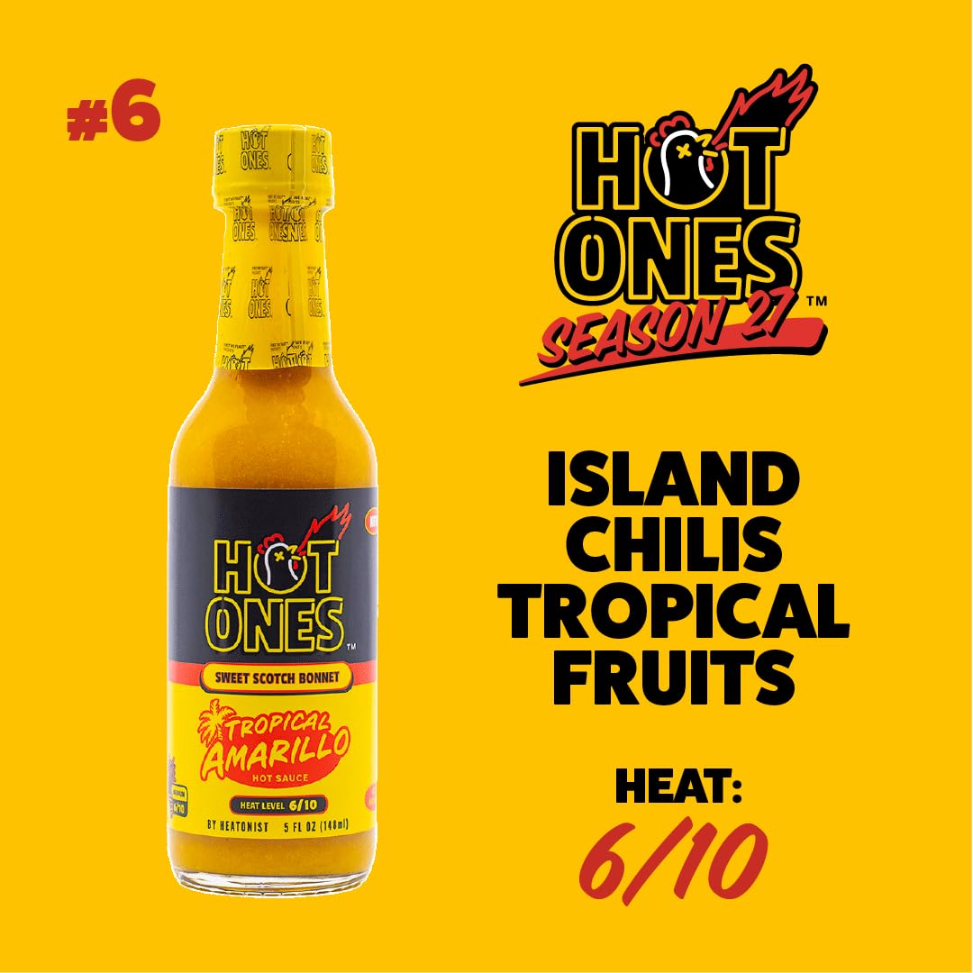 Hot Ones Tropical Amarillo bottle being poured, releasing tropical citrus warmth for dishes.