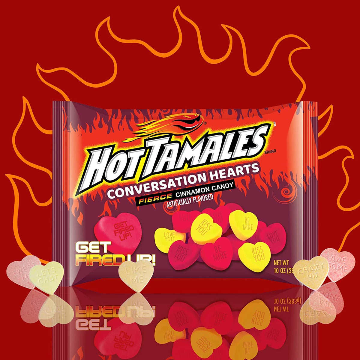 Hot Tamales Conversation Hearts serving size, about 19 servings per bag.