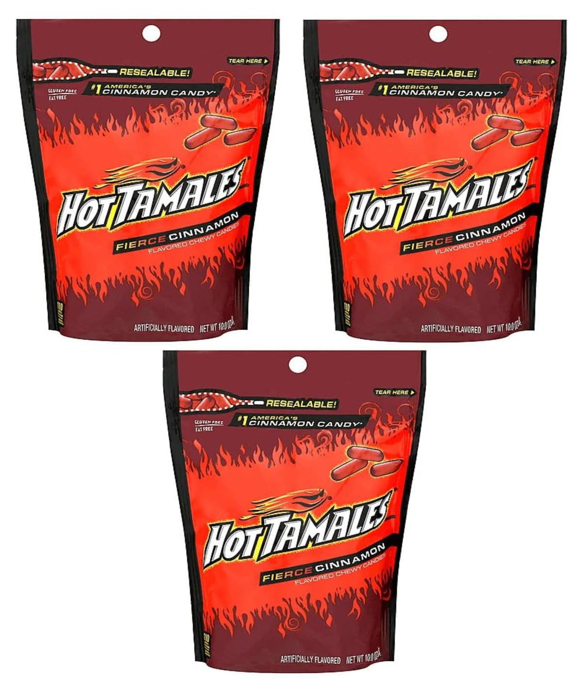 Hot Tamales 3-pack 10 oz bags for easy sharing at gatherings.