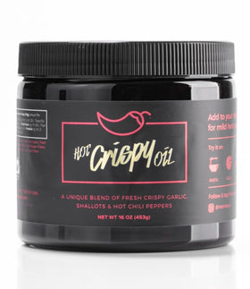 Hot Crispy Oil hot tub bottle shows a bold garlic-chili blend for quick flavor boosts