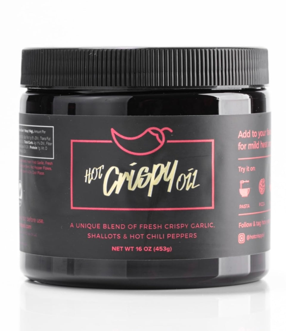 Hot Crispy Oil hot tub bottle shows a bold garlic-chili blend for quick flavor boosts