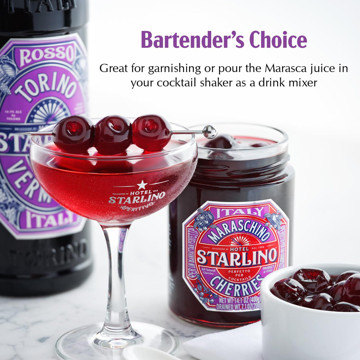Hotel Starlino cherries used as cocktail garnish for bourbon drinks.