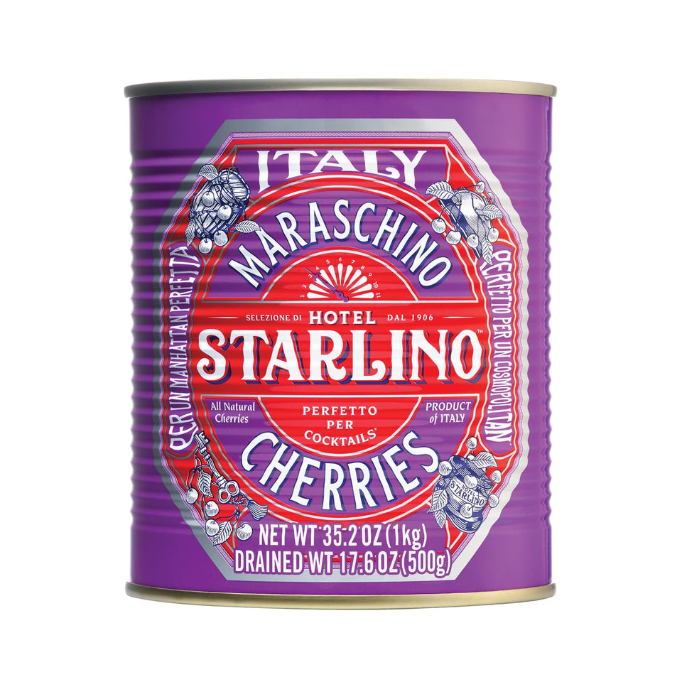 Hotel Starlino Maraschino Cherries in a 1kg can, premium pantry for cocktails.