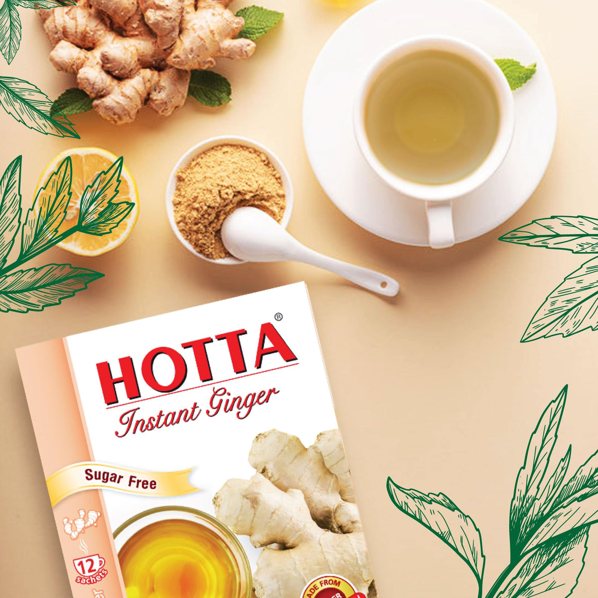 HOTTA cold ginger refresh suggests a cooling ginger drink with ice.