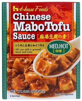 House Foods Mabo Tofu Sauce bottle front showing medium hot flavor for quick meals