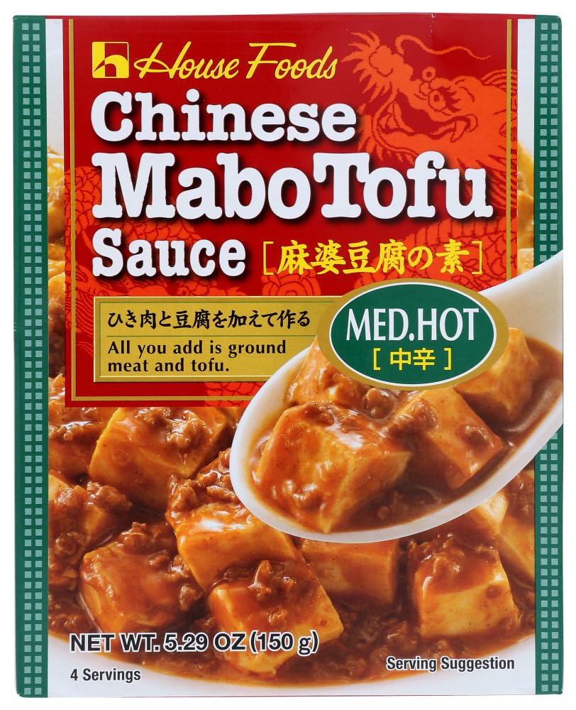 House Foods Mabo Tofu Sauce bottle front showing medium hot flavor for quick meals