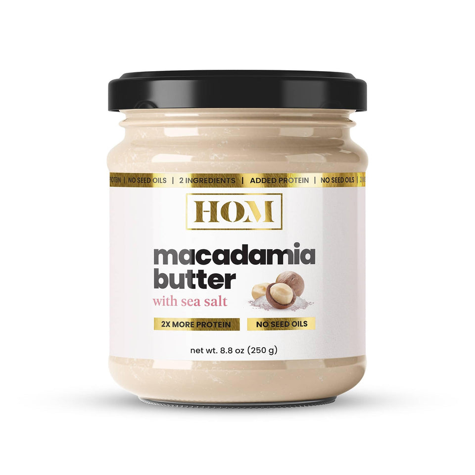 House of Macadamias crunchy macadamia butter in a glass jar, spreadable goodness.