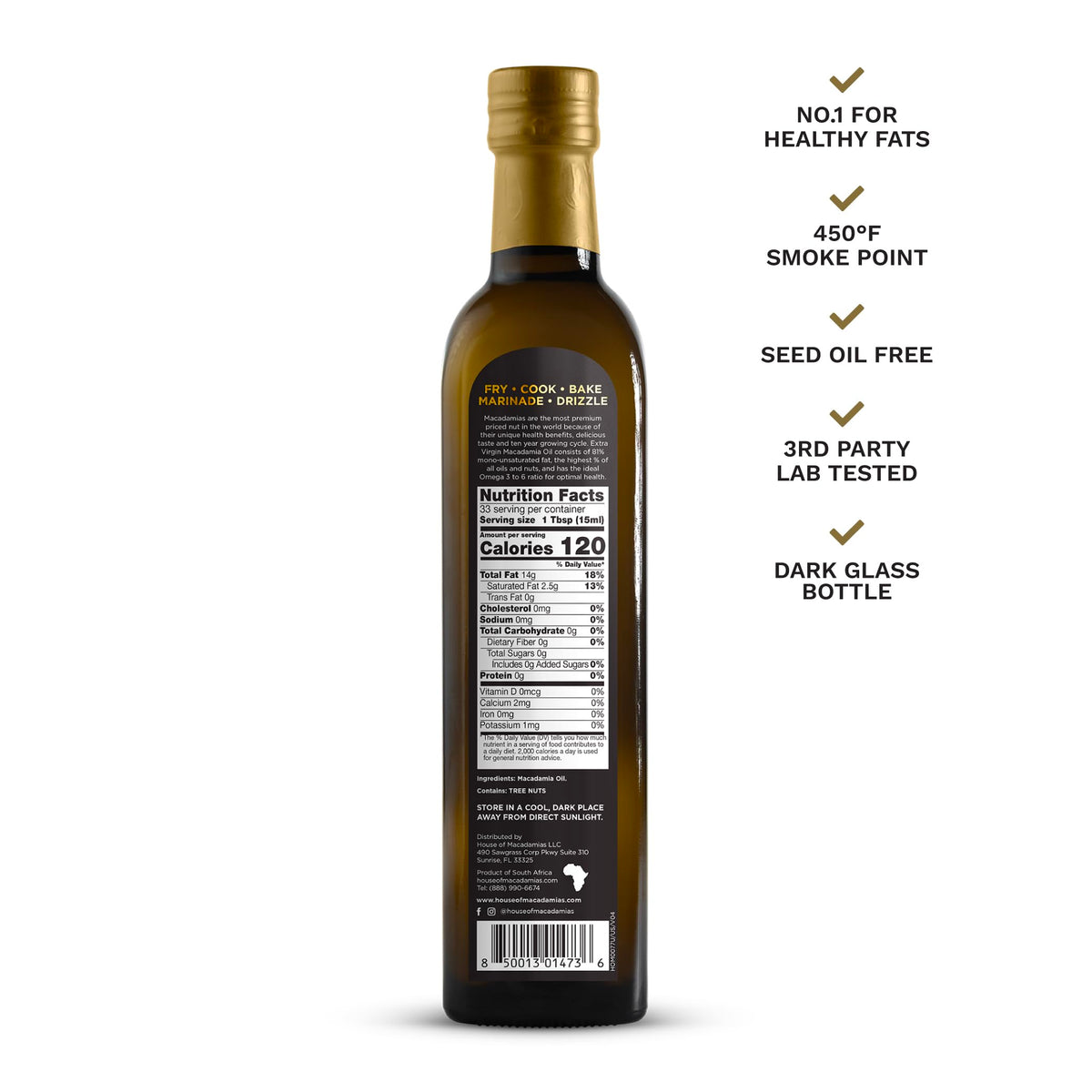 House of Macadamias macadamia oil label closeup highlighting cold-pressed purity