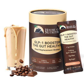 House of Nutrition GLP-1 shake bottle front view, sugar-free chocolate coffee flavor for busy days