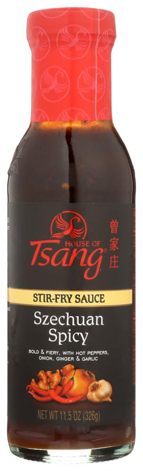 House of Tsang Szechuan Spicy Sauce label close-up showing bold flavor branding.