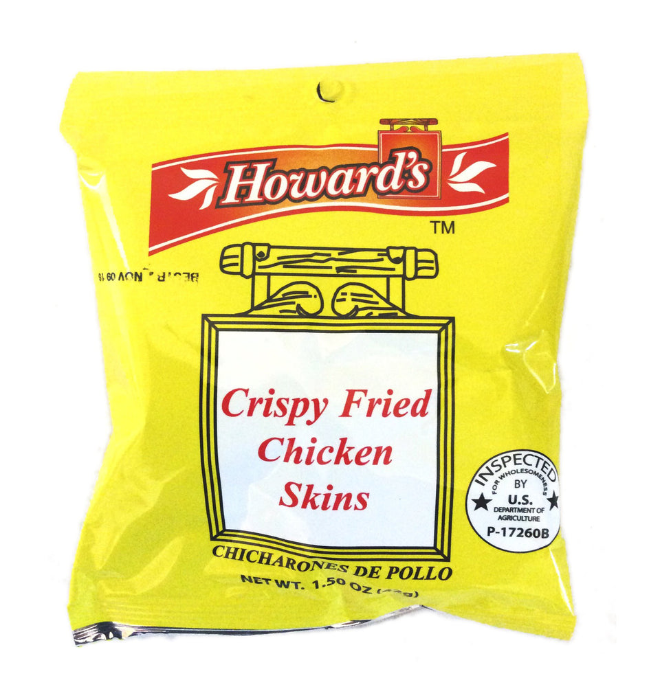 Howard's Crispy Chicken Skins pack of four bags offers a crunchy, savory snack.
