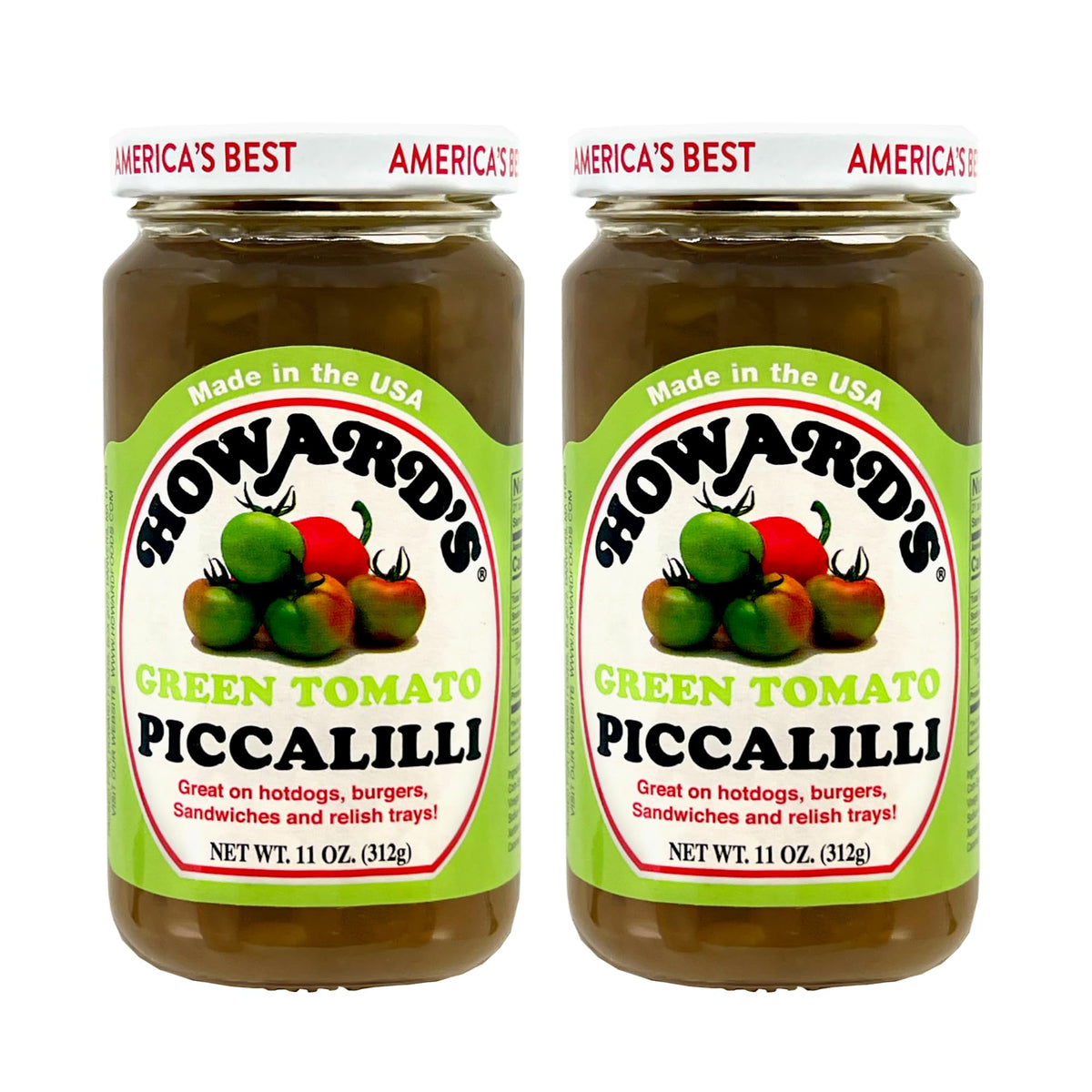 Howard’s Green Tomato Piccalilli jar, 11 oz, gluten-free relish perfect for burgers and hot dogs.