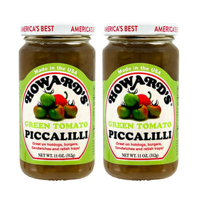 Howard’s Green Tomato Piccalilli jar, 11 oz, gluten-free relish perfect for burgers and hot dogs.