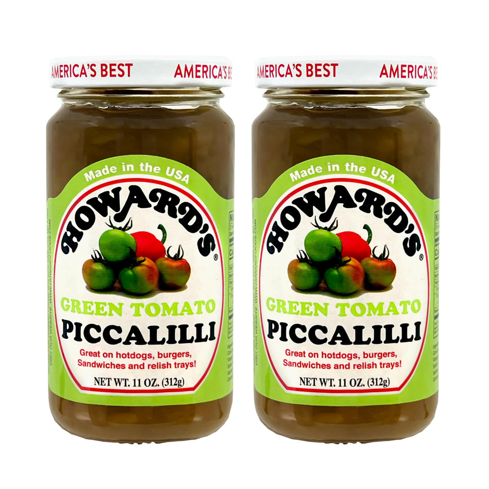 Howard’s Green Tomato Piccalilli jar, 11 oz, gluten-free relish perfect for burgers and hot dogs.