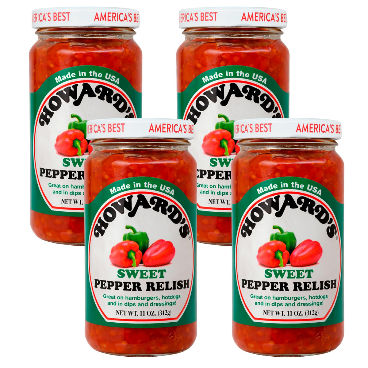 Howard’s Sweet Pepper Relish bottle front view with vibrant peppers for burgers