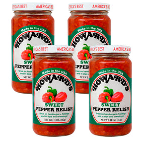 Howard’s Sweet Pepper Relish bottle front view with vibrant peppers for burgers