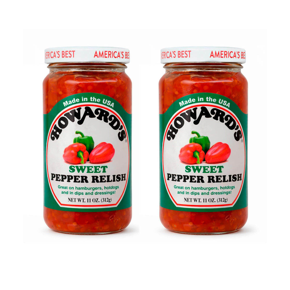 Howard's Sweet Pepper Relish bottle with colorful peppers, ideal for burgers