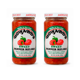 Howard's Sweet Pepper Relish bottle with colorful peppers, ideal for burgers