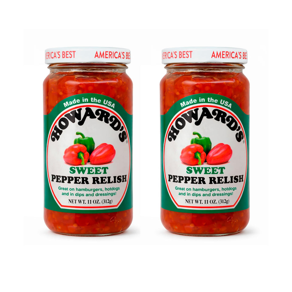 Howard's Sweet Pepper Relish bottle with colorful peppers, ideal for burgers