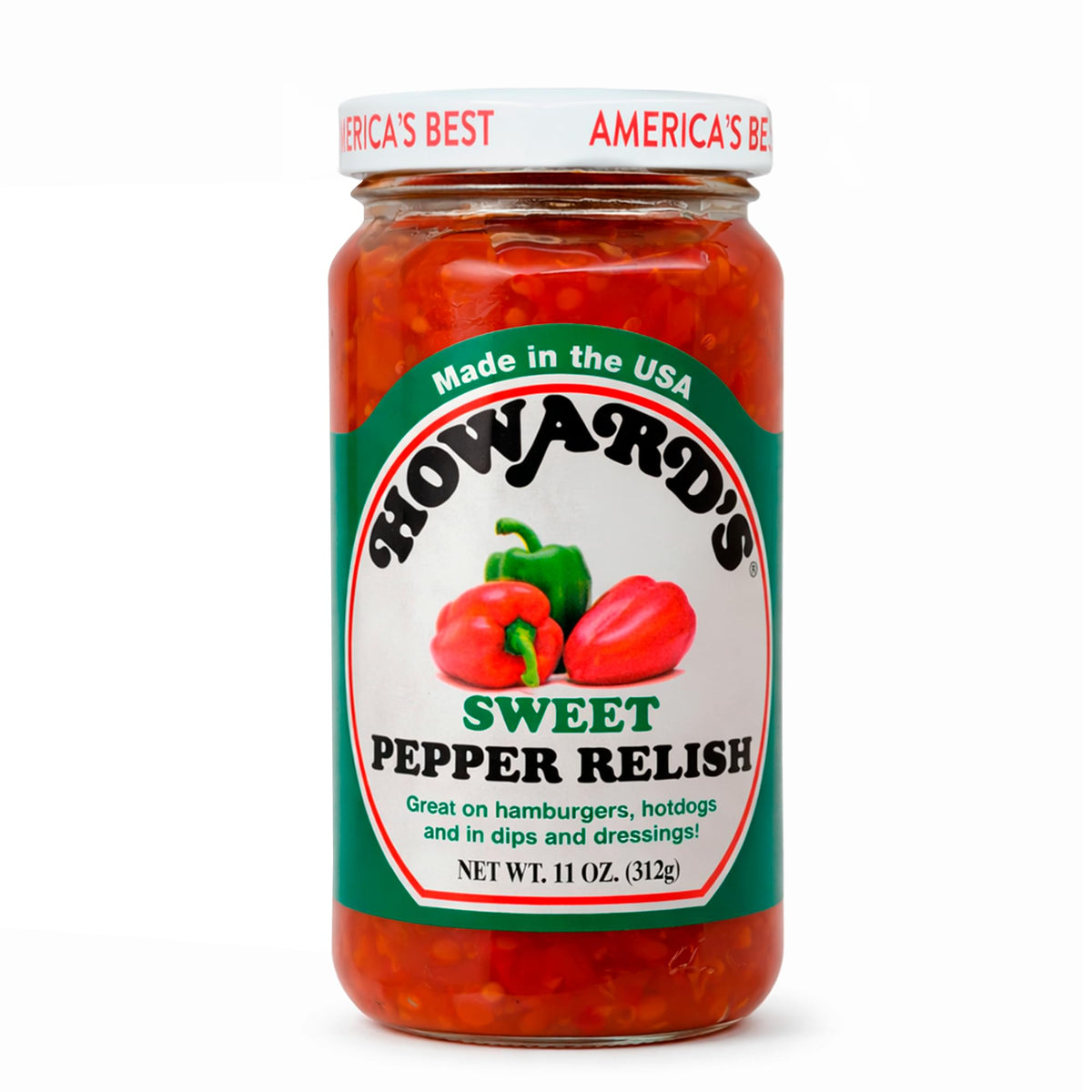 Howard's Sweet Pepper Relish label close-up, gluten-free and locally sourced peppers