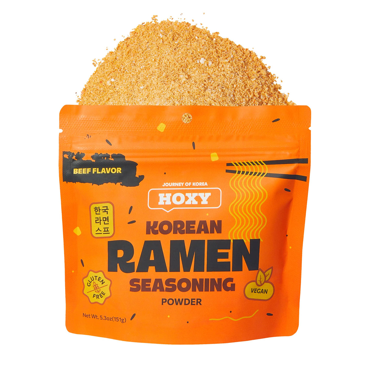 HOXY beef ramen seasoning bottle close-up with rich savory aroma.