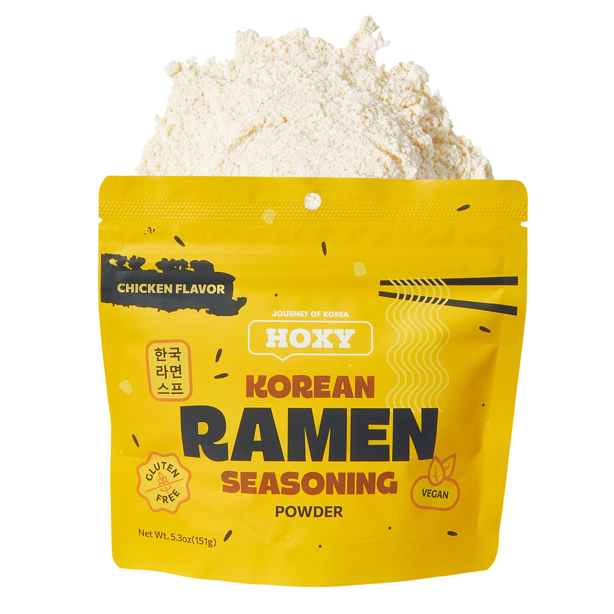 HOXY Chicken Ramen Seasoning powder front packaging, gluten-free flavor booster for noodles.
