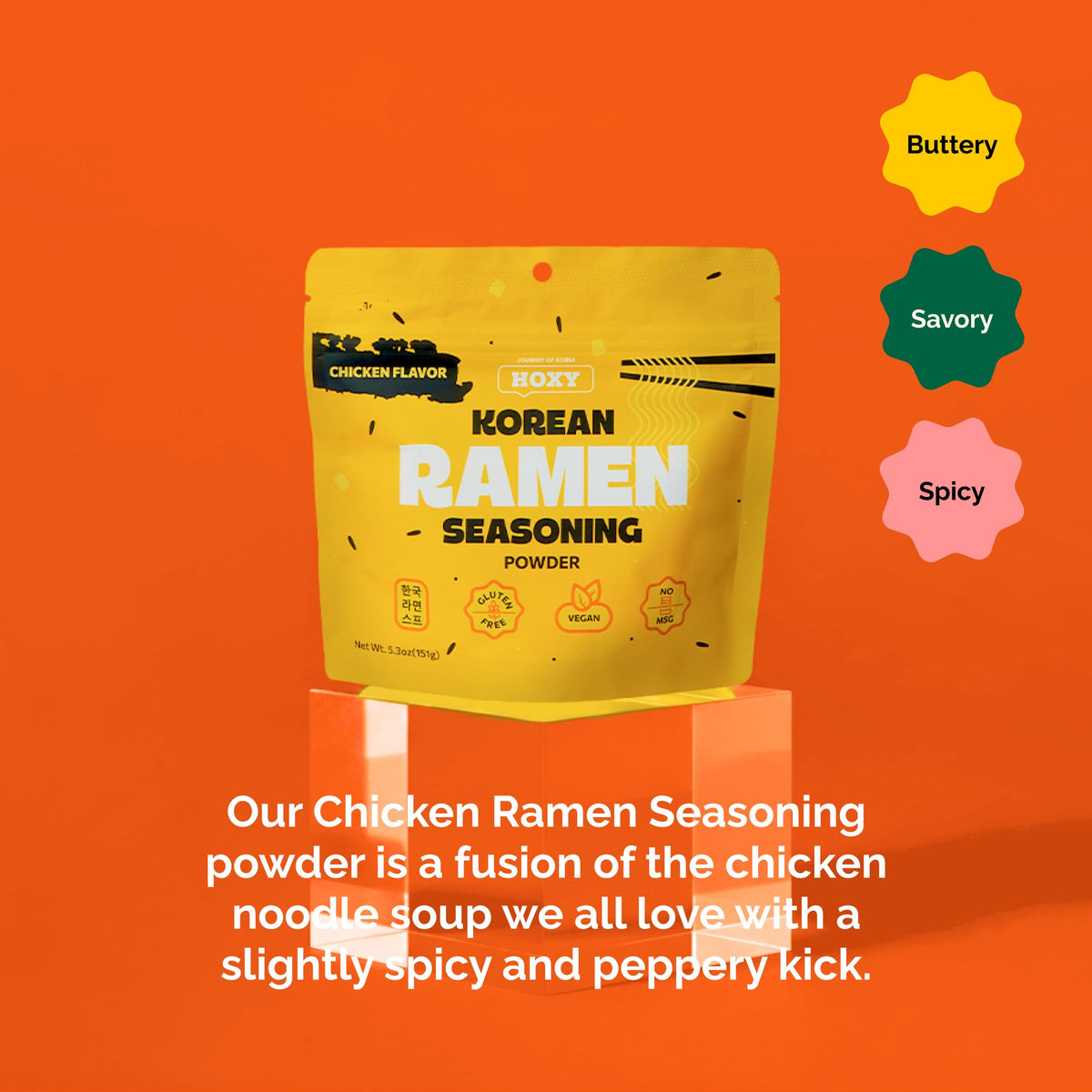 HOXY gluten-free vegan label highlights allergy-friendly, no MSG seasoning.