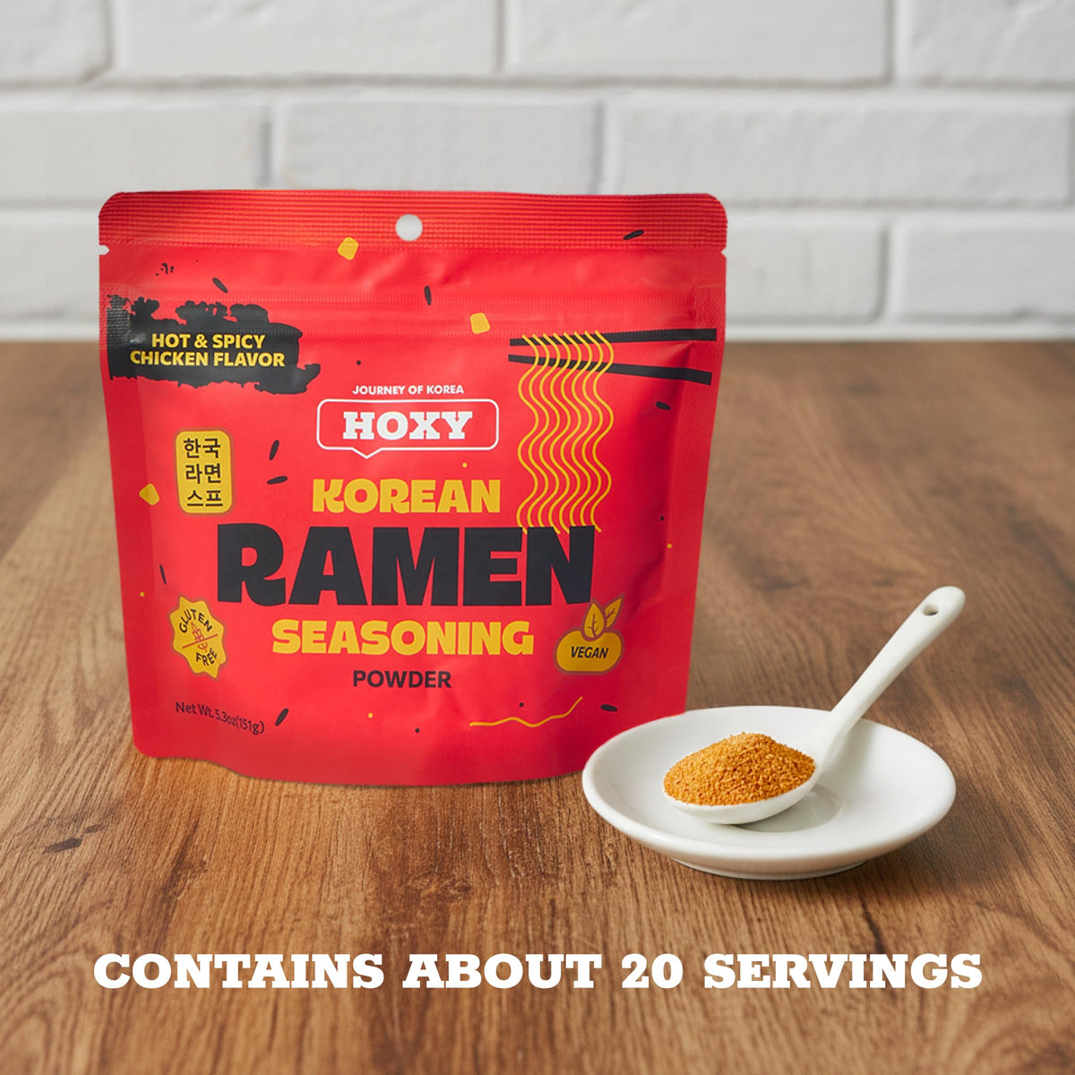 HOXY ramen seasoning powder closeup shows textured granules and color