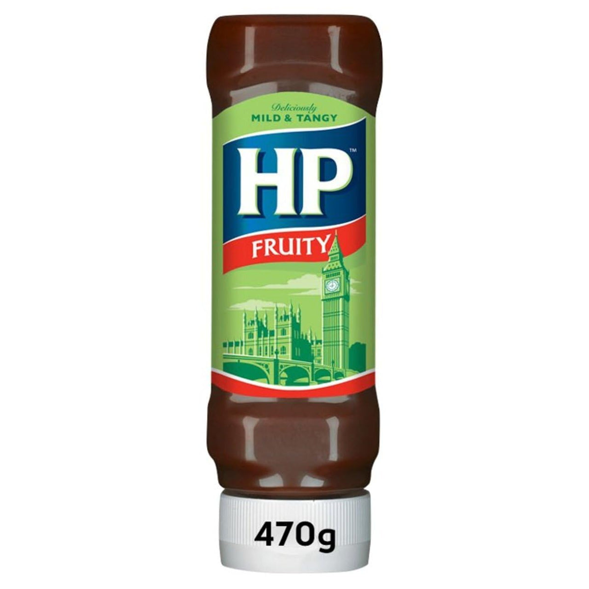 Close-up of HP Fruity Brown Sauce label showing the fruity blend