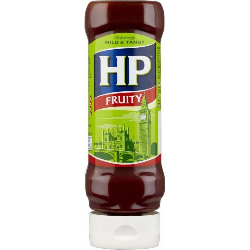 HP Fruity Sauce 470g pack two bottles, mild tangy fruit blend for sandwiches.