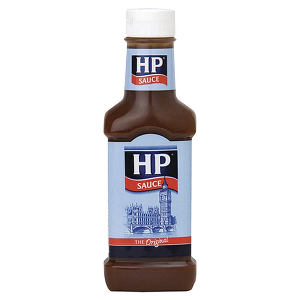 HP Sauce brown bottle pouring over breakfast items, ideal with eggs and sausages.