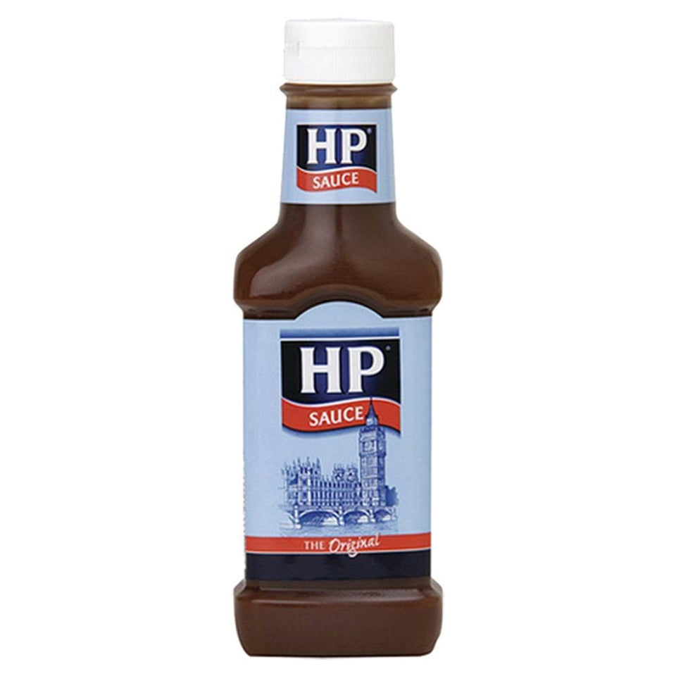 HP Sauce brown bottle pouring over breakfast items, ideal with eggs and sausages.