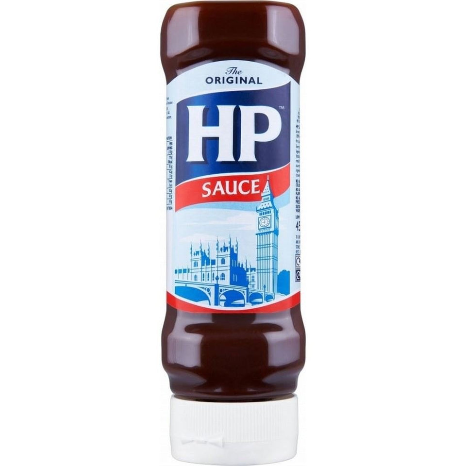 HP Sauce Original bottle top-down view, perfect for grilled meats and hearty breakfasts.