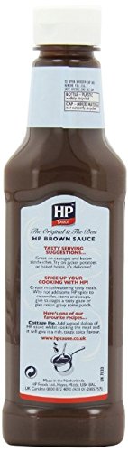 HP Sauce Sqeezy 450g label-closeup showing rich, tangy sauce.