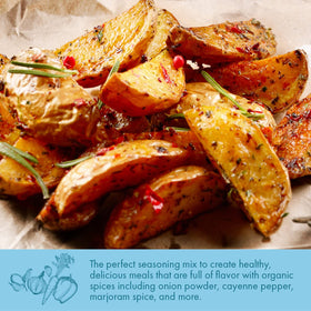 Close-up of HqO No Salt seasoning granules showcasing organic ingredients.