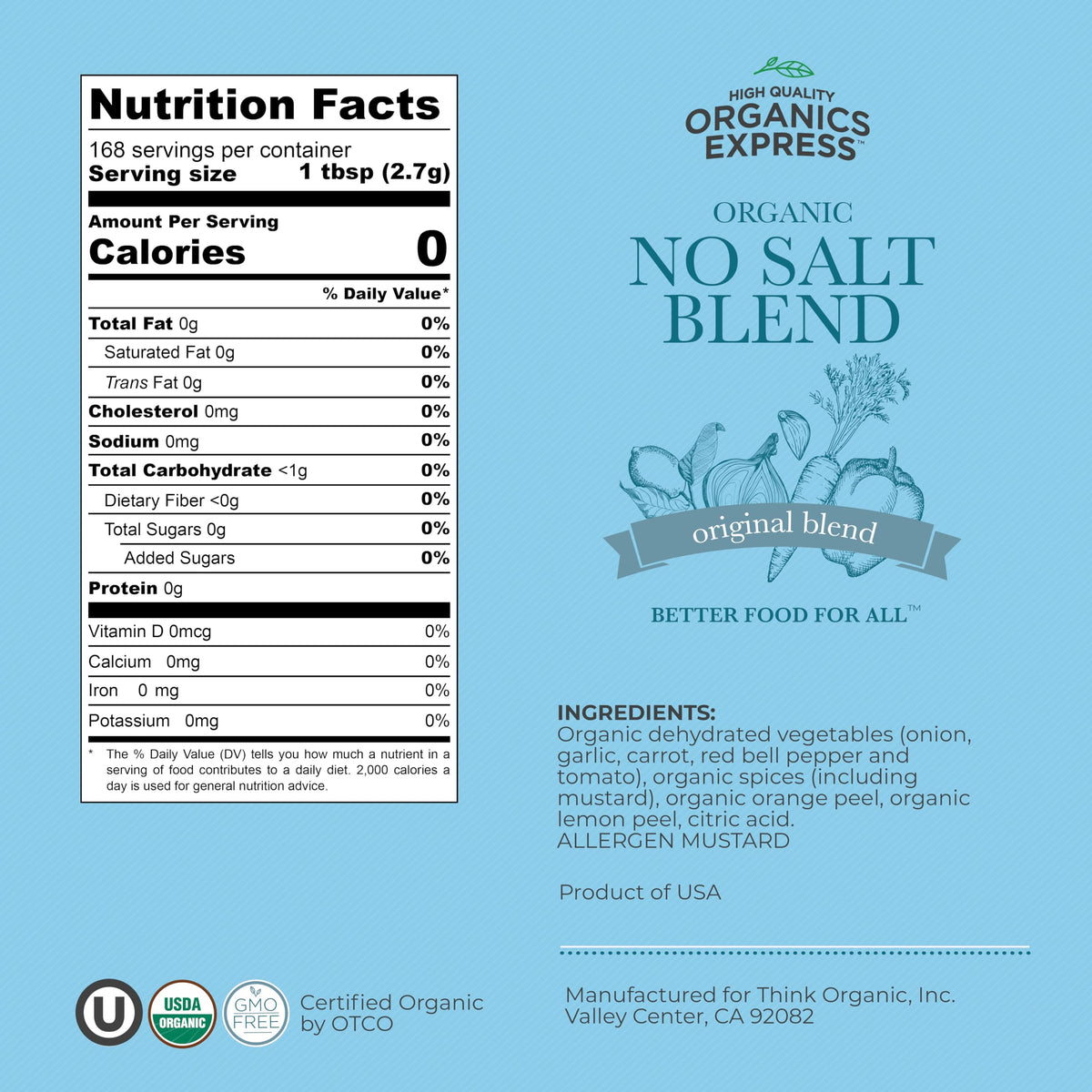 HqO No Salt seasoning jar label highlights USDA Organic and Non-GMO quality.