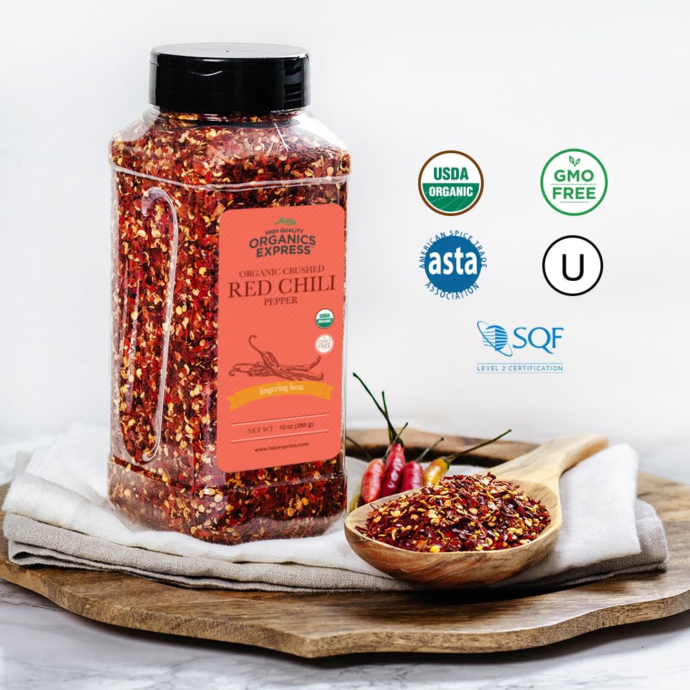 HQOExpress crushed red chili pepper flakes close-up showing texture.