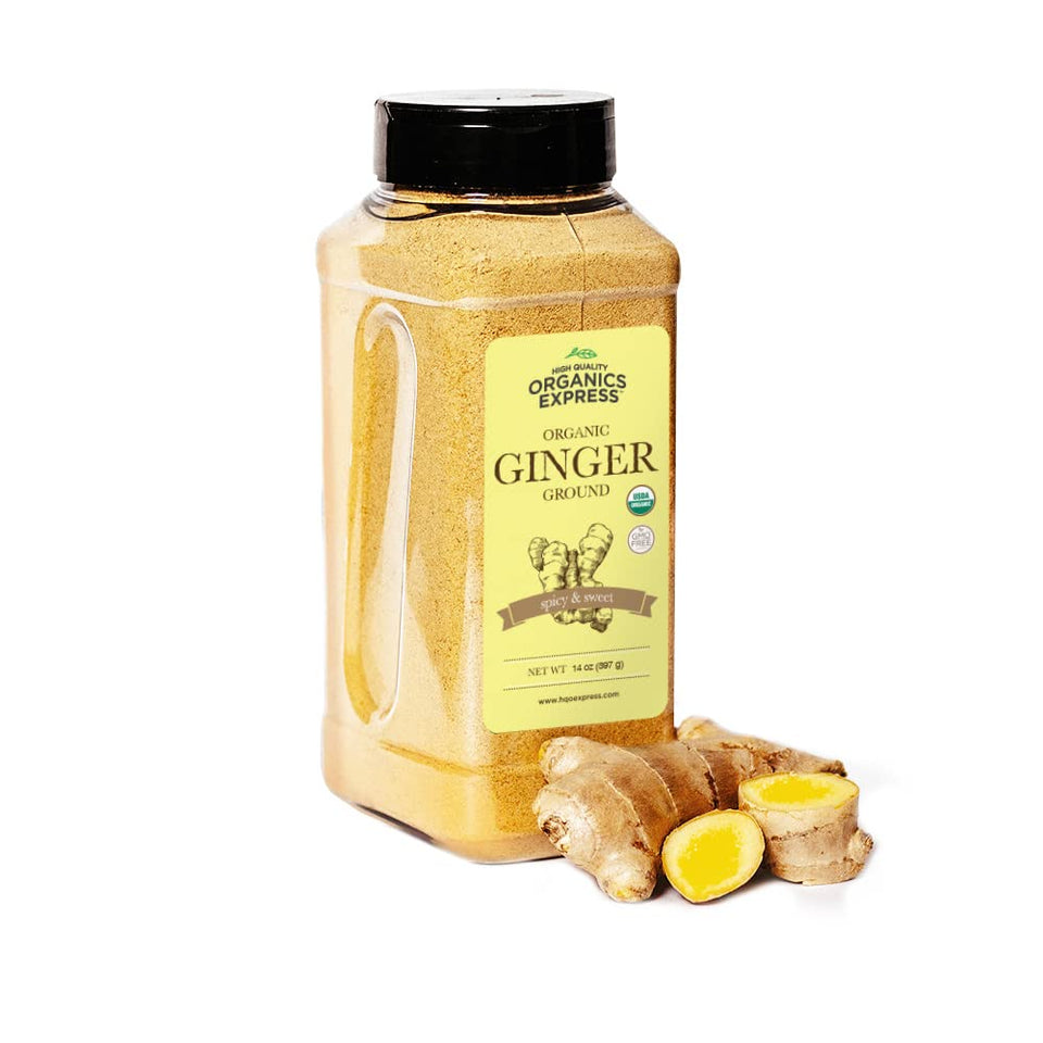 HQOExpress ground ginger powder in a jar for baking and seasoning.