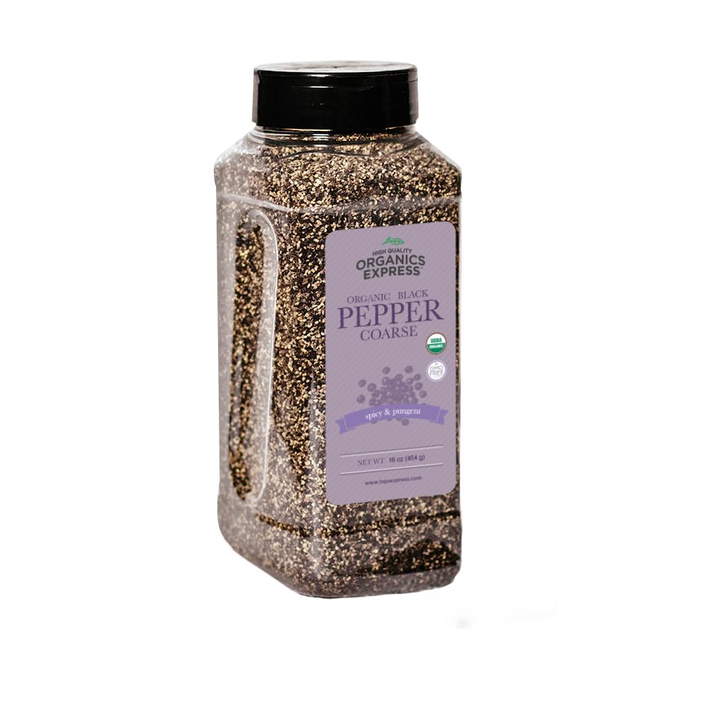 HQOExpress Organic 14-Mesh Coarse Pepper in a jar for restaurant-grade seasoning.