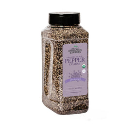 HQOExpress Organic 14-Mesh Coarse Pepper in a jar for restaurant-grade seasoning.