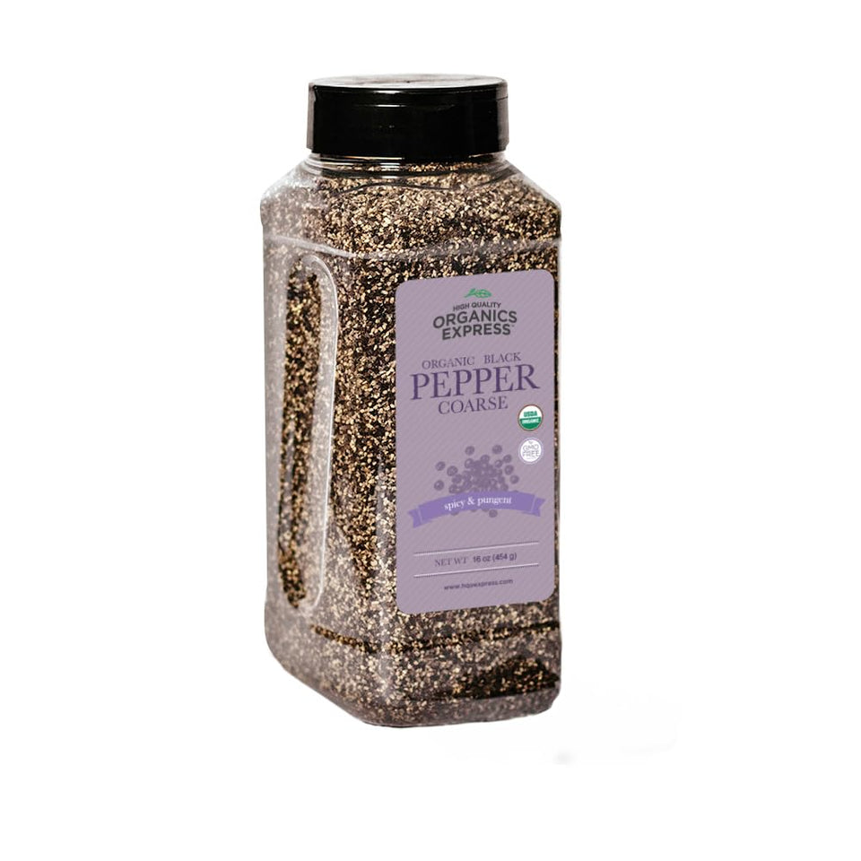 HQOExpress Organic 14-Mesh Coarse Pepper in a jar for restaurant-grade seasoning.