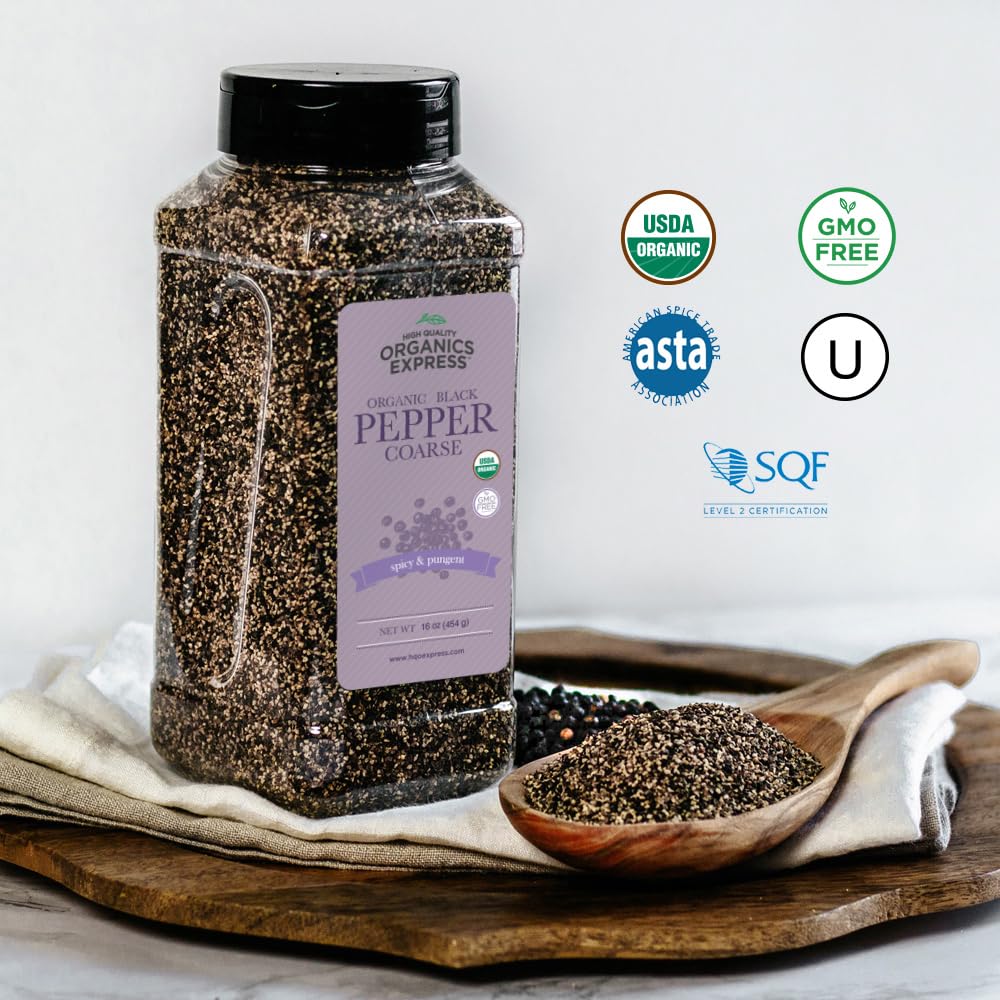 HQOExpress Organic coarse pepper in grinder for fresh, aromatic grinding.