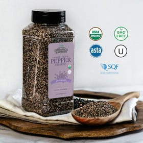 HQOExpress Organic coarse pepper in grinder for fresh, aromatic grinding.